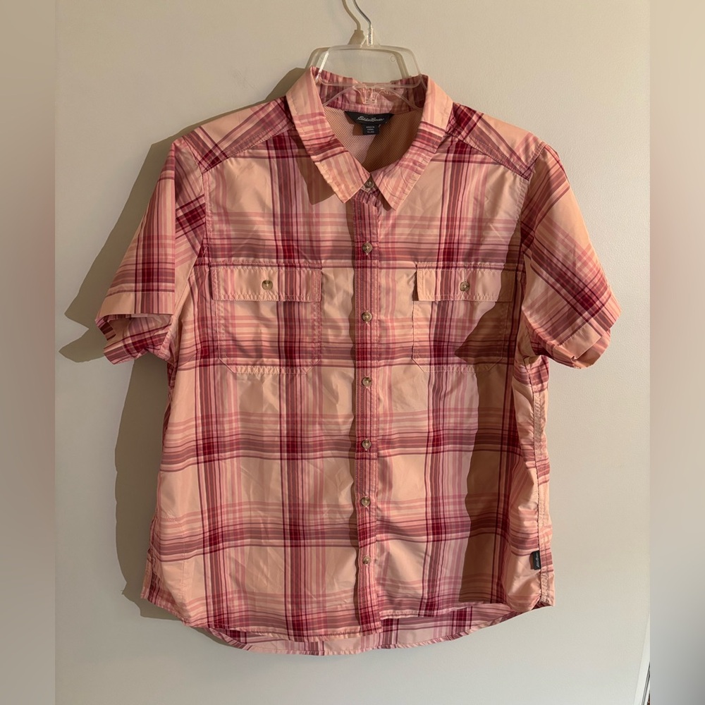 Eddie Bauer Women’s Pink Plaid Short Sleeve Adventure Shirt Size XL